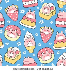 Patrón sin fisuras de lindo conejo gordo en el postre y dulce concepto de panadería con fondo de estrellas. Helado, crepe, tostada de miel, donut, pudín, macaron. Caricatura de personaje animal. Kawaii. Vector. Ilustración.