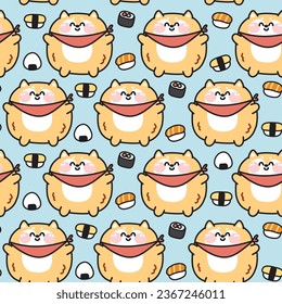 Seamless pattern of cute fat shiba inu dog with icon sushi background.Chubby japanese pet animal funny character cartoon design.Baby clothing.Japanese food hand drawn.Kawaii.Vector.Illustration.