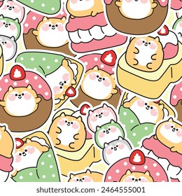 Patrón sin fisuras de linda grasa shiba inu pegatina del perro en el postre y dulce panadería concepto background.Ice cream,crepe,donut,tostada de miel,dango.Caricatura animal mascota japonesa.Kawaii.Vector.