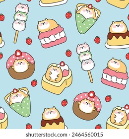 Seamless pattern of cute fat shiba inu dog in dessert and sweet bakery concept with strawberry background.Ice cream,crepe,donut,honey toast,dango,pudding.Japanese pet animal character cartoon.Kawaii.