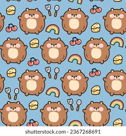 Seamless pattern of cute fat teddy bear with icon background.Chubby wild animal character cartoon design.Baby clothing.Cheese,cherry,spoon,fork,rainbow.Teddy.Kawaii.Vector.Illustration.