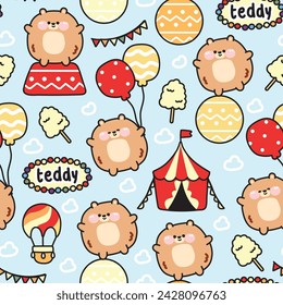 Seamless pattern of cute fat teddy bear in amusement park concept.Chubby animal cartoon character design.Balloon,dessert,tent,triangular flag festival.Clothing print screen.Kawaii.Vector.Illustration.