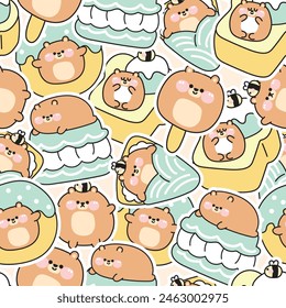 Seamless pattern of cute fat teddy bear sticker in dessert and sweet bakery concept background.Ice cream,crepe,macaron,Donut.Animal character cartoon.Kawaii.Vector.Illustration.