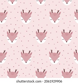 Seamless pattern. cute fawn faces and pink dots. light pink background. vector texture. fashionable print for textile wallpaper and packaging.