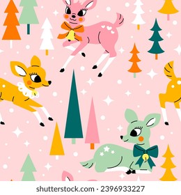 Seamless pattern with Cute fawns and pine trees in 1950s retro style. Vintage Christmas deer postcard, wrapping paper. Hand drawn vector illustration. 