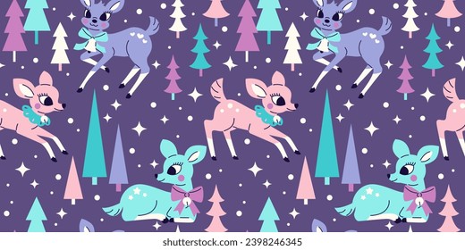 Seamless pattern with Cute fawns and pine trees in 1950s retro style. Vintage Christmas deer postcard, wrapping paper. Hand drawn vector illustration. 