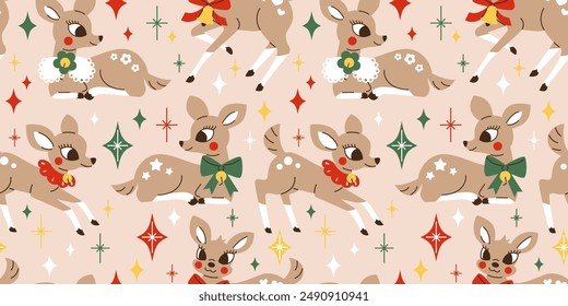 Seamless pattern with Cute fawns and stars in 1950s retro style. Vintage Mid century modern Christmas deer postcard, wrapping paper. Hand drawn vector illustration. 