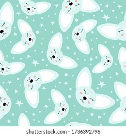 Seamless pattern with cute Fennec  on a blue background. Vector illustration with a wild animal. Doodle style. Design of packaging paper, fabrics, and clothing. A wild Fennec Fox. Textile print.