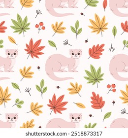 Seamless pattern with cute ferret and autumn leaves. Flat, hand drawn texture for wallpaper, textile, fabric, paper. Vector illustration in flat style