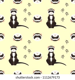 Seamless pattern with cute ferret with footprints. Vector flat design illustration.