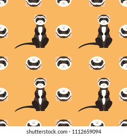 Seamless pattern with cute ferret. Vector flat design illustration.