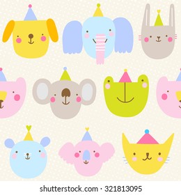 Seamless pattern with cute festive animals. Happy birthday animal party texture. Cute cartoon background for kids