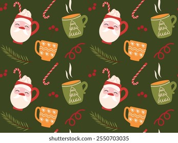 Seamless pattern with cute festive mugs in flat cartoon style depicting Christmas hot drink. Vector illustration of fir branch, serpentine for seamless background, wrapping paper, textile