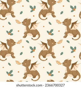 Seamless pattern with cute fire-breathing dragon and mistletoe leaves in cartoon style. A little dinosaur. Vector illustration on a light background.