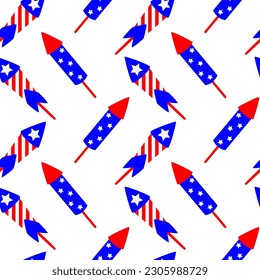 Seamless pattern with cute fireworks on a white background. American Independence Day, 4th july celebration. It can be used for packaging, wrapping paper, textile and etc.