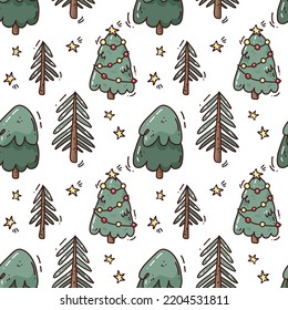 Nahtloses Muster mit süßem Tannenbaum. Vektorgrafik-Bildschirmhintergrund. Hintergrund mit süßen Winterelementen.