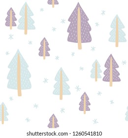 Seamless pattern with cute fir-trees on white background. Vector template