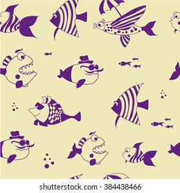 Seamless pattern with cute fish, beige and purple