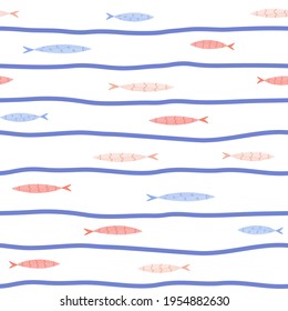 Seamless pattern with cute fish drawing between blue waves. Vector cartoon illustration.