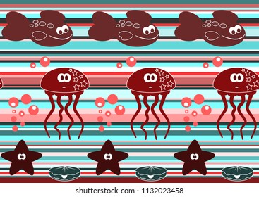 Seamless pattern with cute fish, jellyfish and starfish.