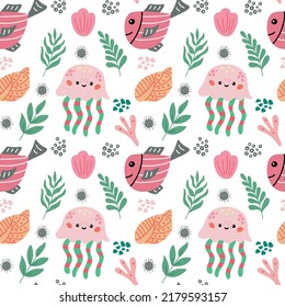 Patrón sin foco con un bonito pez, medusas, conchas y algas sobre un fondo blanco. Gráficos vectoriales para el diseño de papeles pintados, textiles, papel de envoltura, ropa, almohadas, bolsas.