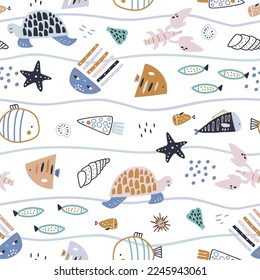 Seamless pattern with cute fish, octopus, ramp fish,turtle lobster. Creative childish vector  undersea background. Perfect for kids apparel, fabric, textile, nursery decoration, wrapping paper.