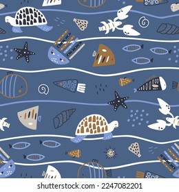 Seamless pattern with cute fish, octopus, ramp fish,turtle lobster. Creative childish navy vector  undersea background. Perfect for kids apparel, fabric, textile, nursery decoration, wrapping paper.