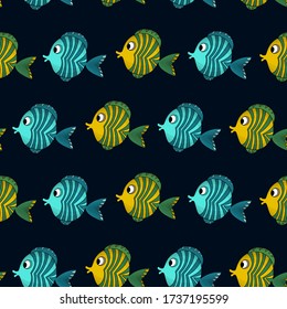 Seamless pattern with cute fish on dark background. Vector cartoon animals colorful illustration. Adorable character for cards, wallpaper, textile, fabric. Flat style.