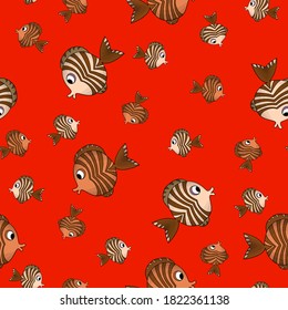 Patrón sin foco con peces lindos sobre fondo rojo. Animales de dibujos animados de vectores ilustraciones coloridas. Carácter adorable para tarjetas, papel pintado, textiles, tela. Estilo plano.