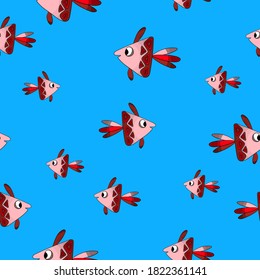 Seamless pattern with cute fish on blue background. Vector cartoon animals colorful illustration. Adorable character for cards, wallpaper, textile, fabric. Flat style.
