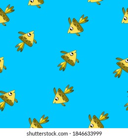 Seamless pattern with cute fish on blue background. Vector cartoon animals colorful illustration. Adorable character for cards, wallpaper, textile, fabric. Flat style.