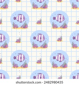 Seamless pattern with cute fish on white checkered background. Vector illustration. Cartoon animal kawaii character. Kids collection