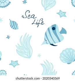 Seamless pattern with cute fish and seashells - vector illustration, eps