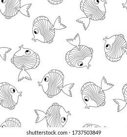 Seamless pattern with cute fish silhouette on white background. Vector cartoon animals illustration. Adorable character for cards, wallpaper, textile, fabric. Doodle style.