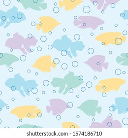 Seamless pattern cute fish silhouettes and bubbles