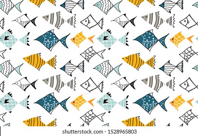 Seamless pattern with cute fish in the style of doodle. Vector hand drawn fish in pastel background for kids. Cartoon baby animals underwater illustration. Design for fabric, textile, decor.