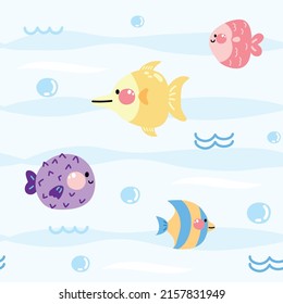 Seamless pattern of cute fish swim in the ocean.Animals character design.Blue background.Kawaii.Vector.Illustration.