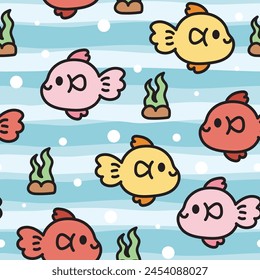 Seamless pattern of cute fish swim sea background.Marine animal character cartoon design.Under the water.Summer.Beach.Ocean.Kawaii.Vector.Illustration.