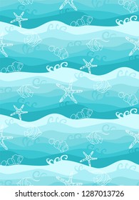 Seamless pattern with cute fish and wavy sea background. Fish, starfish swimming in the turquoise color sea.