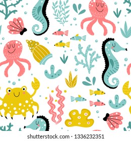 A seamless pattern with cute fishes and animals, corals, seashells and seaweed. Vector illustra