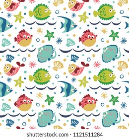 A seamless pattern with cute fishes, corals, seashells and seaweed.
