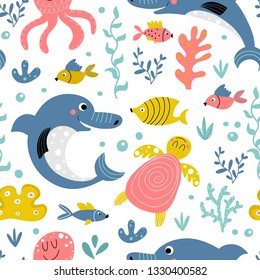 A seamless pattern with cute fishes and dolphin, turtle and seaweed. Vector illustration.