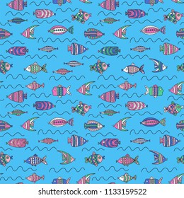 Seamless pattern with cute fishes in doodle style. Hand drawn vector illustrations