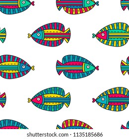 Seamless pattern with cute fishes in doodle style. Hand drawn vector illustrations
