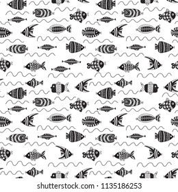 Seamless pattern with cute fishes in doodle style. Hand drawn vector illustrations