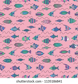 Seamless pattern with cute fishes in doodle style. Hand drawn vector illustrations