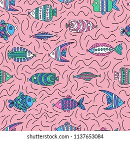 Seamless pattern with cute fishes in doodle style. Hand drawn vector illustrations