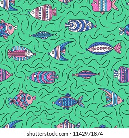 Seamless pattern with cute fishes in doodle style. Hand drawn vector illustrations