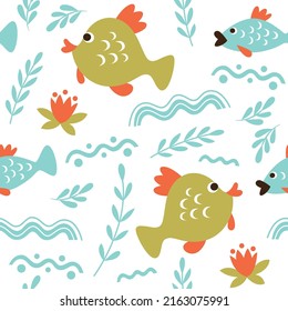 Seamless pattern with cute fishes. Fabric pattern, kids apparel print, wrapping paper