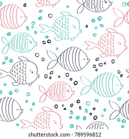 Seamless pattern with cute fishes. Painted in a childlike style.